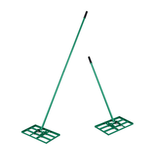 Lawn Leveling Rake Heavy-Duty Metal Levelawn Tool with Plate, showing two rakes of different sizes