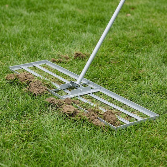 The lawn care tool smoothing soil and debris on a grassy area
