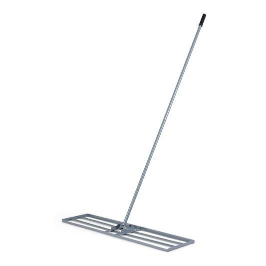 Lawn Leveling Rake with a long adjustable handle and a wide metal base