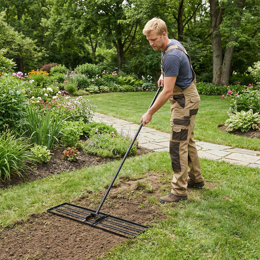 Lawn Leveling Rake, a man using the black metal garden tool to smooth out soil in a lush green garden