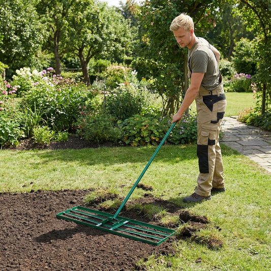 Man using the lawn leveling rake to smooth soil in a garden