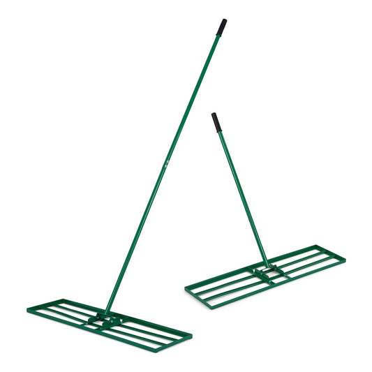 Lawn Leveling Rake with adjustable handle and rotating U-head for topsoil in green