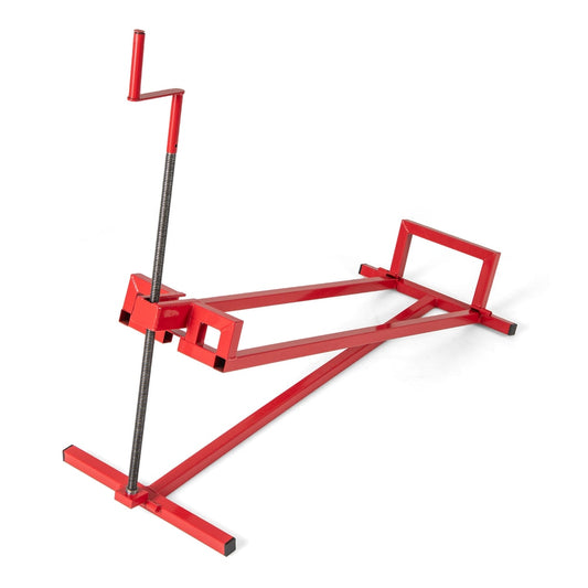 Lawn Mower Lift Jack with a red metal frame and winding handle