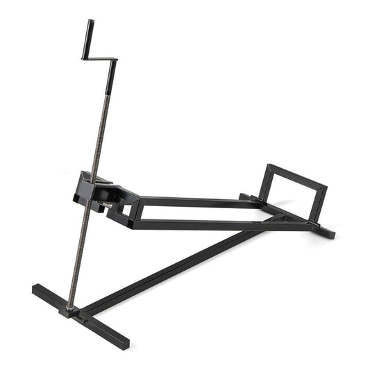 Lawn Mower Lift Jack with a black metal frame and a manual crank handle for height adjustment