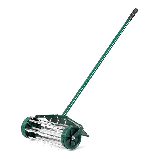 Lawn Spike Aerators Manual Grass Roller with Protective Fender showing the whole product on a white background