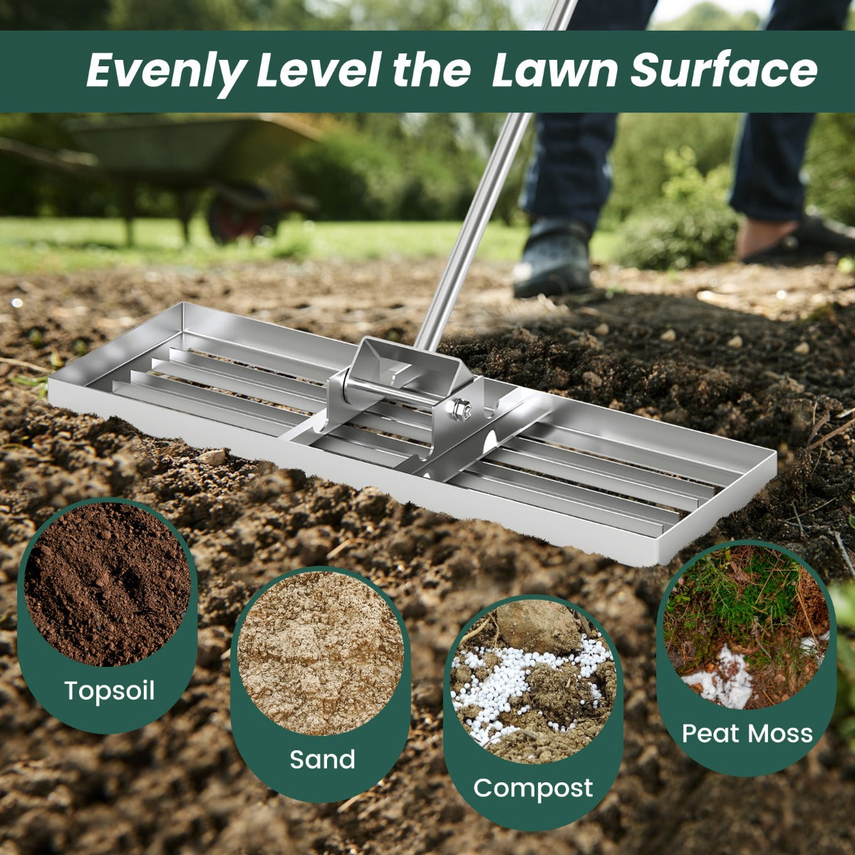 75/91/106 x 25cm Lawn Leveling Rak with Ergonomic Handle-75 x 25 cm-Silver