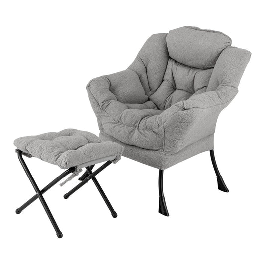 Lazy Chair with Ottoman and Folding Footrest for Living Room-Grey, a plush grey chair with matching footstool
