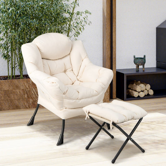 The accent chair placed in a bright room next to a green plant and logs
