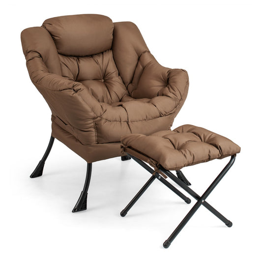 Lazy Chair with Ottoman in brown with a tufted seat and black metal legs on a white background