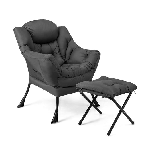 Lazy Chair with Ottoman in grey with a padded seat and black metal frame on a white background