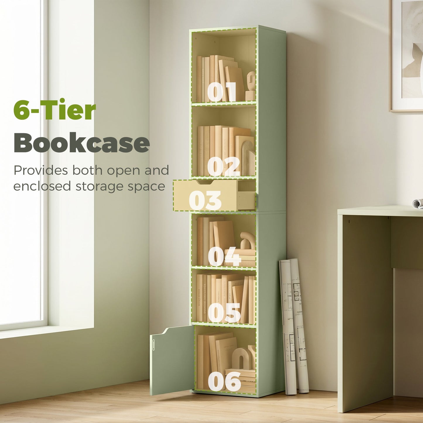 HOMCOM 6-Tier Bookcase, Tall Narrow Bookshelf with Drawer and Door - Green