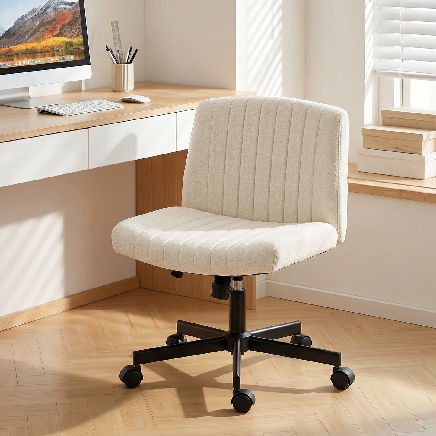 HOMCOM Imitation Linen Criss Cross Legged Desk Chair, Armless Office Chair with Wheels, Green