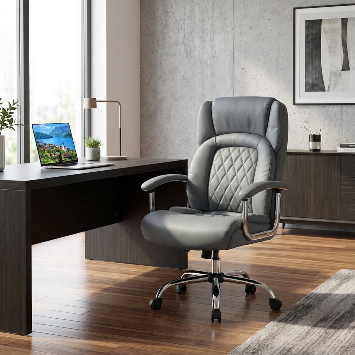 Leather Office Chair with Rocking Mode and Armrests-Grey
