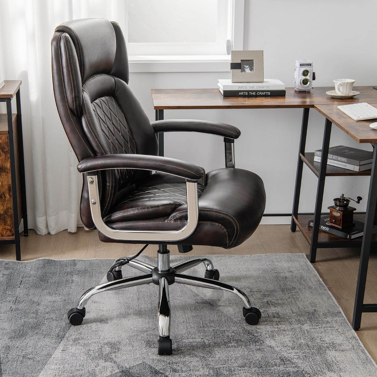 Leather Office Chair with Rocking Mode and Armrests-Brown