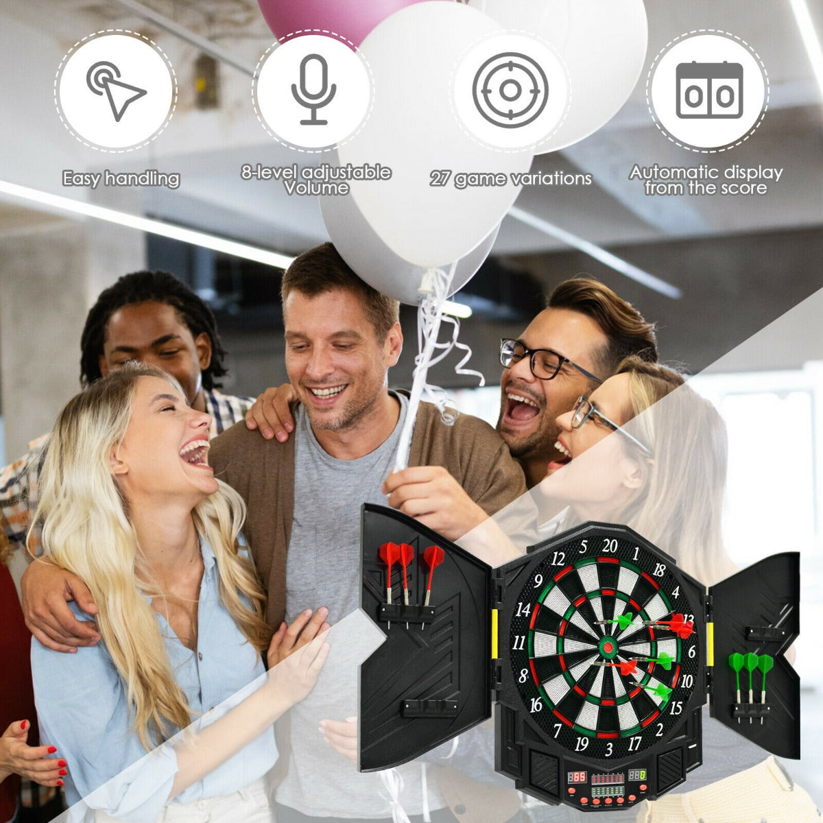 The game room board featured in a collage with a group of friends laughing and balloons
