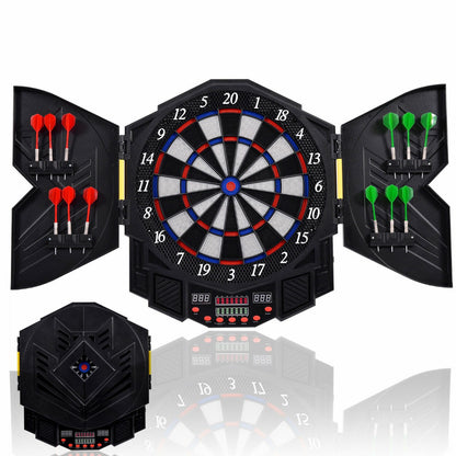 LED Dart Board with 216 Variations 12 Darts Included shown open with red and green darts stored