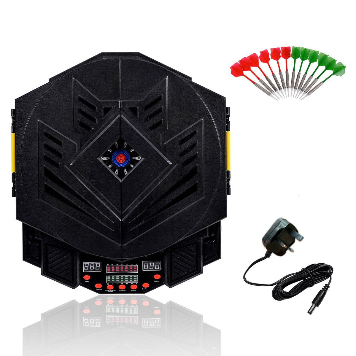The game room board shown closed with the included darts and power adapter displayed