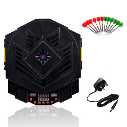 The game room board shown closed with the included darts and power adapter displayed