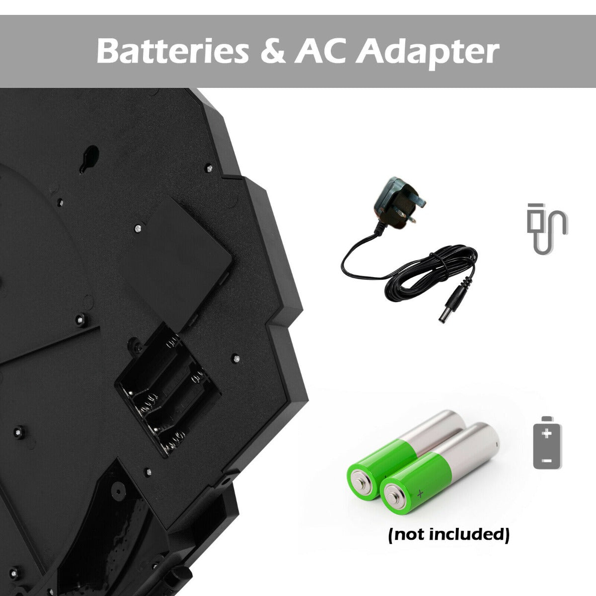 The game room board back panel showing the battery compartment and the power adapter