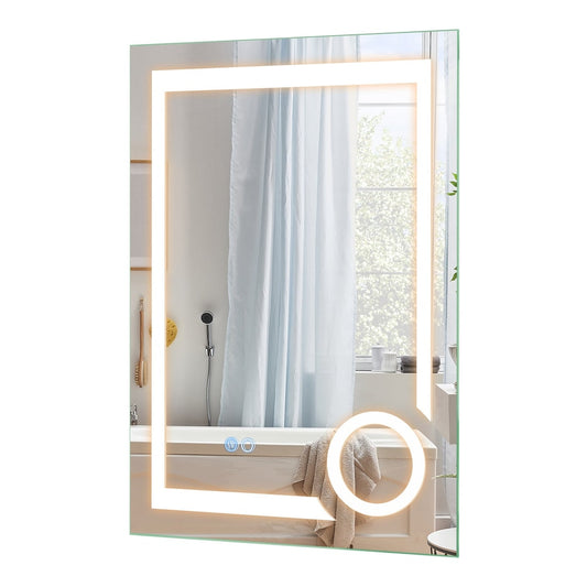 LED Lighted Bathroom Mirror with a rectangular frame and circular light glowing in a bathroom