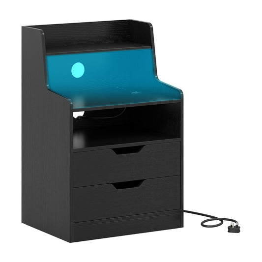 LED Nightstand with charging station, 2 drawers and an open shelf in black