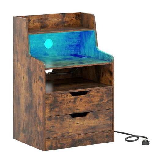 LED Nightstand with charging station and open shelf in rustic brown