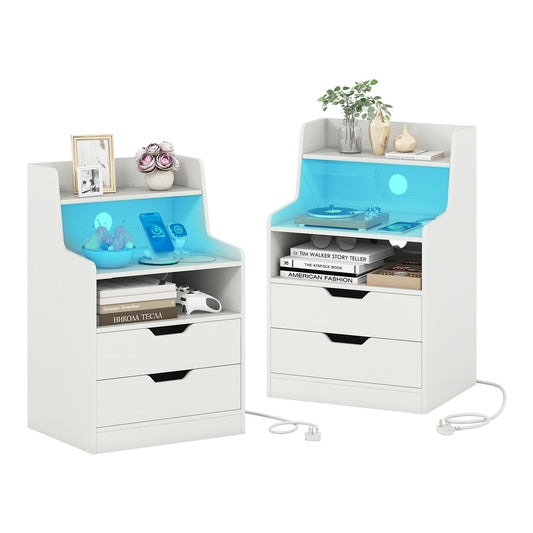 LED Nightstand with charging station, two drawers and open shelf, shown as a set of two white units
