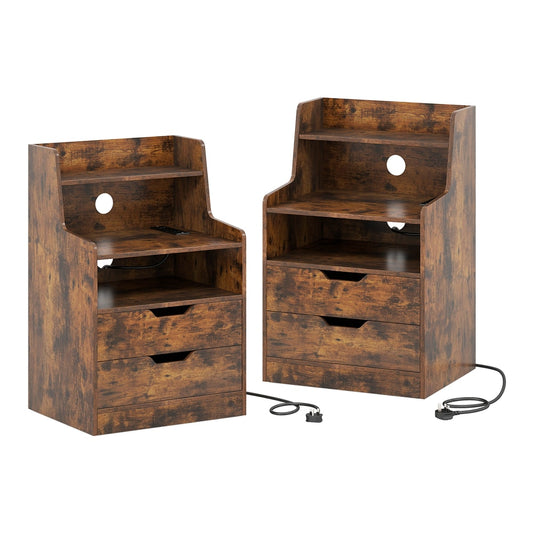 LED Nightstand with charging station, two drawers and an open shelf in rustic brown