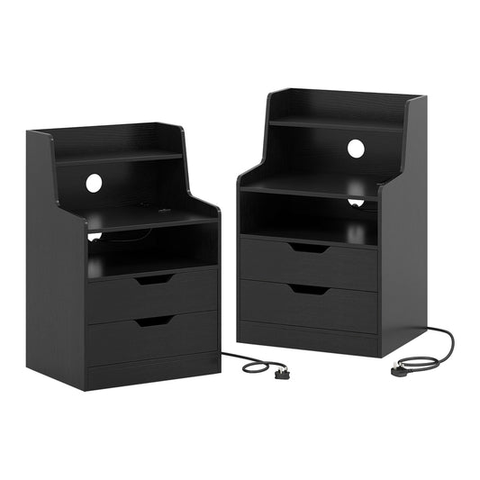LED Nightstand set of two black bedside tables with open shelves and two drawers each