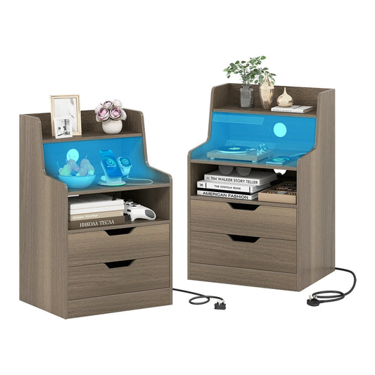 LED Nightstand set of two with blue glowing shelves and charging cables