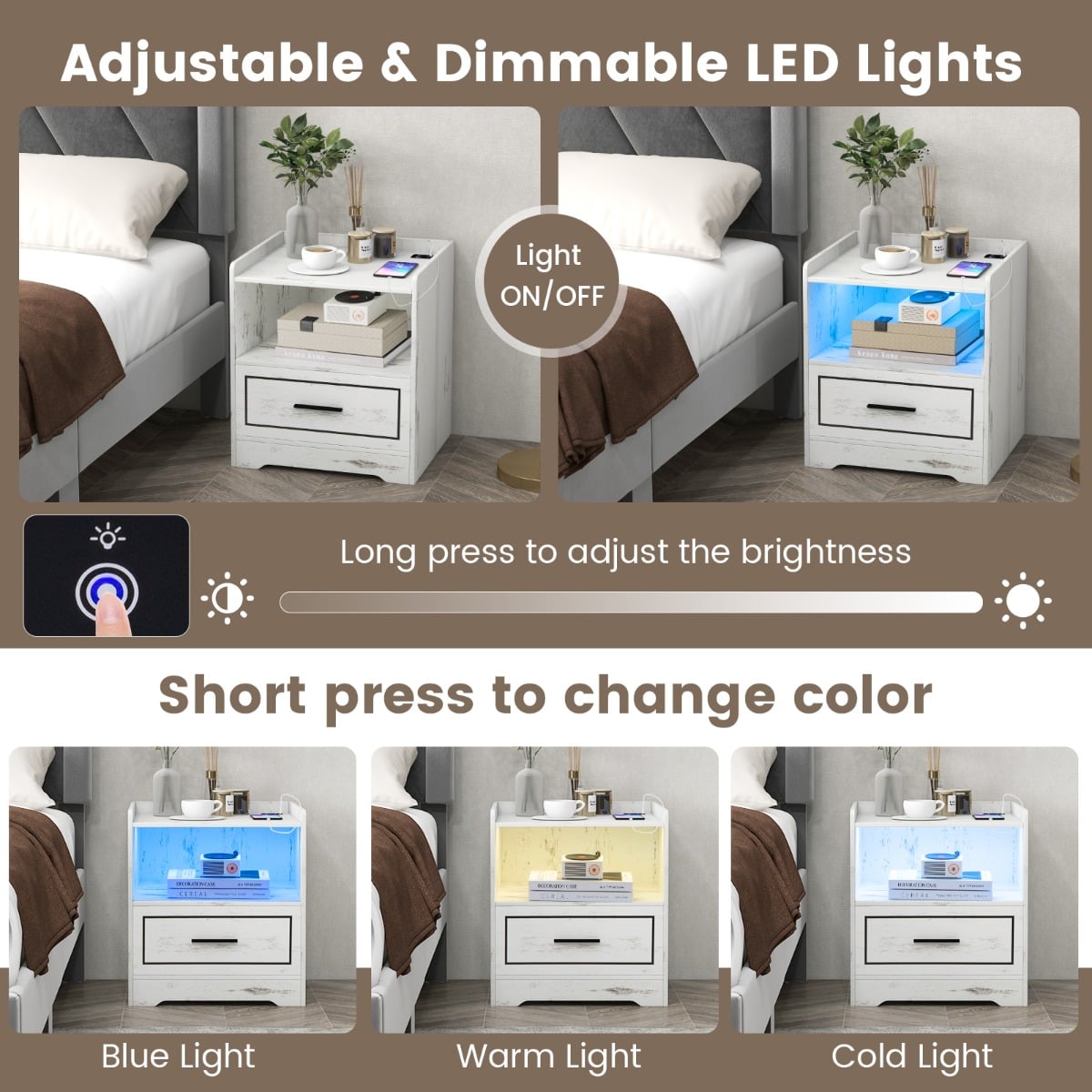 LED Nightstand with USB and Type-C Port-White