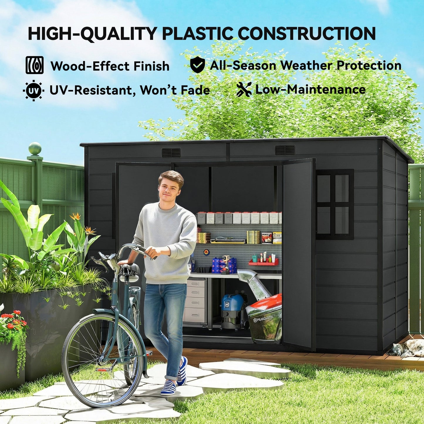 Outsunny 10 x 6 ft Resin Garden Shed, Outdoor Storage Shed with Floor, Windows, Lockable Doors and Vents, Dark Grey