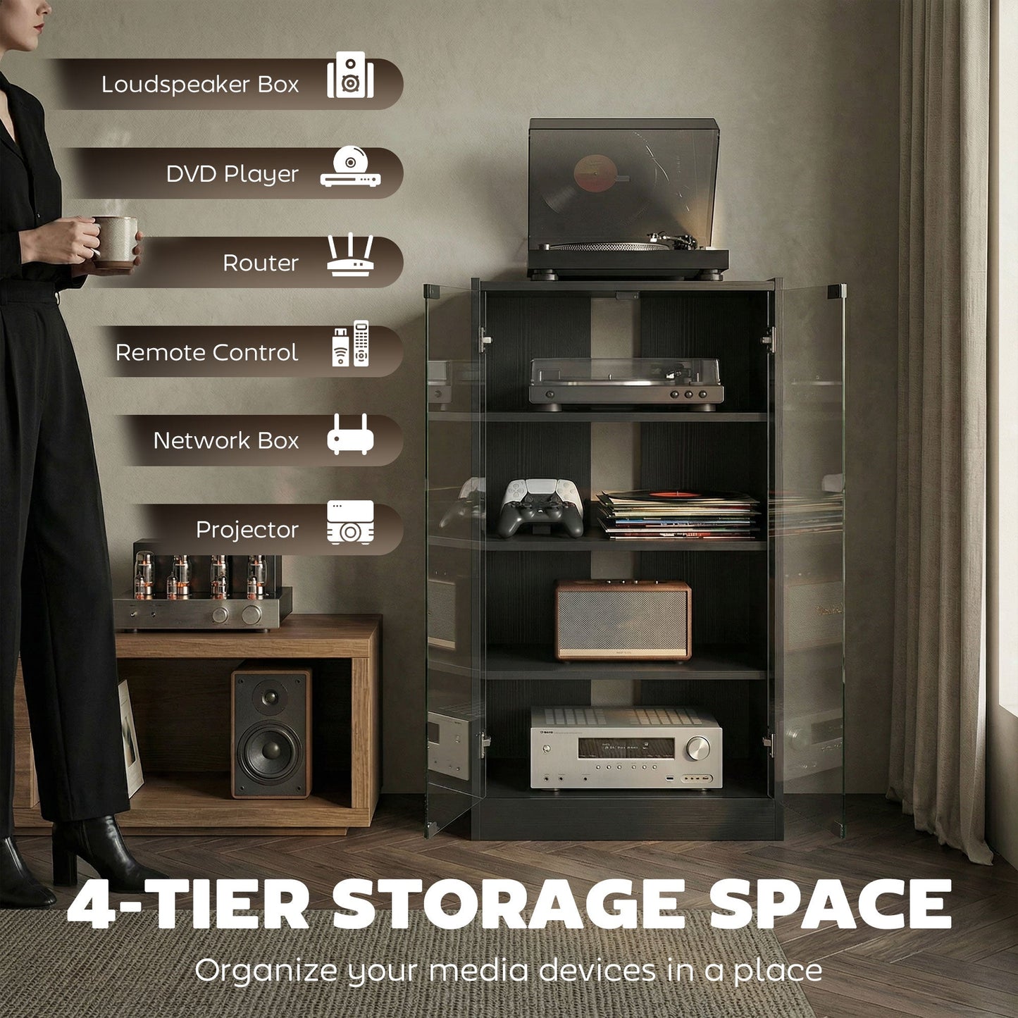 HOMCOM 4-Tier Hi-Fi Stand,  Record Player Stand with Adjustable Shelves and Push-to-Open Glass Doors, Black Wood-Effect