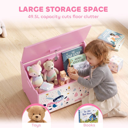 AIYAPLAY Storage Chest, Wooden Toy Chest with Lid, Flip-Top, Security Hinges and Anti-Pinch Design for Kids, Pink