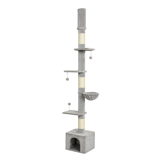 PawHut Floor to Ceiling Cat Tree, 230-250cm Multi-Level Cat Tower with Adjustable Height, Scratching Posts, Condo, Platforms