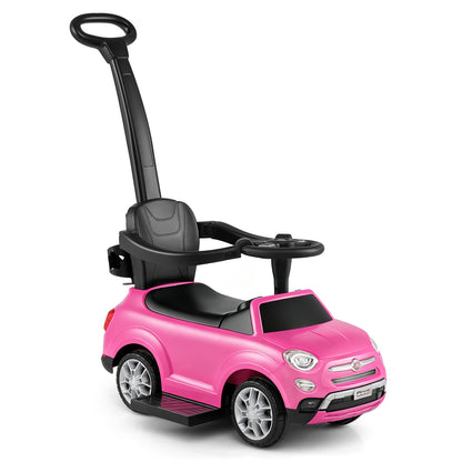 Licensed FIAT Ride On Car in pink, a 2-in-1 push car with a removable handle and steering wheel