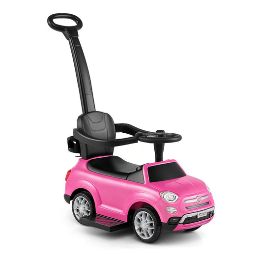 Licensed FIAT Ride On Car in pink, a 2-in-1 push car with a removable handle and steering wheel