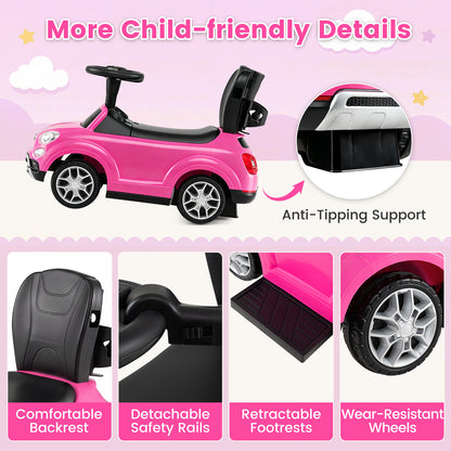 Close-up details of the pink push & pedal ride on toy including seat and wheels