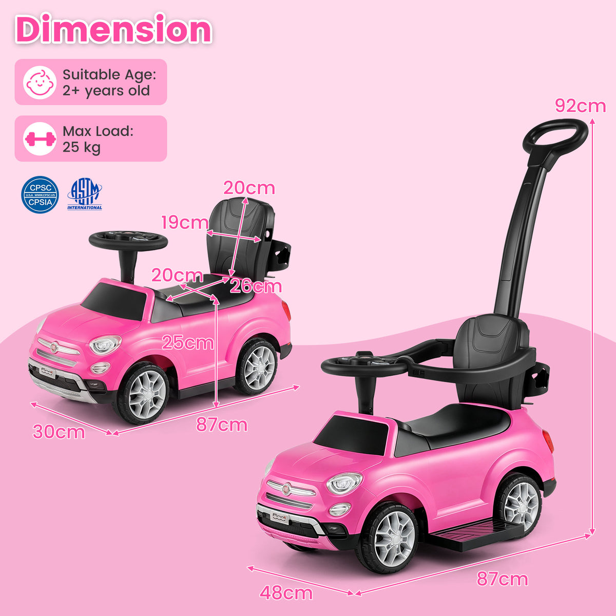 Size diagram showing dimensions of the pink push & pedal ride on toy