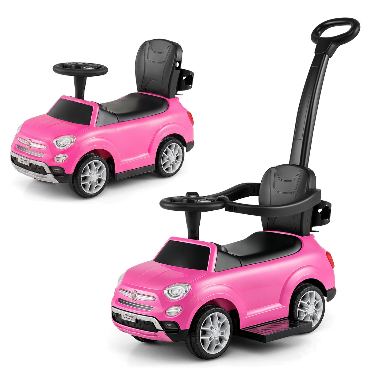 Two pink push & pedal ride on toys shown from the side, one with handle attached