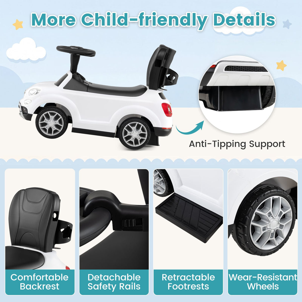 The ride on toy highlighting specific features like the backrest and footrests