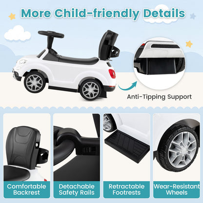 The ride on toy highlighting specific features like the backrest and footrests