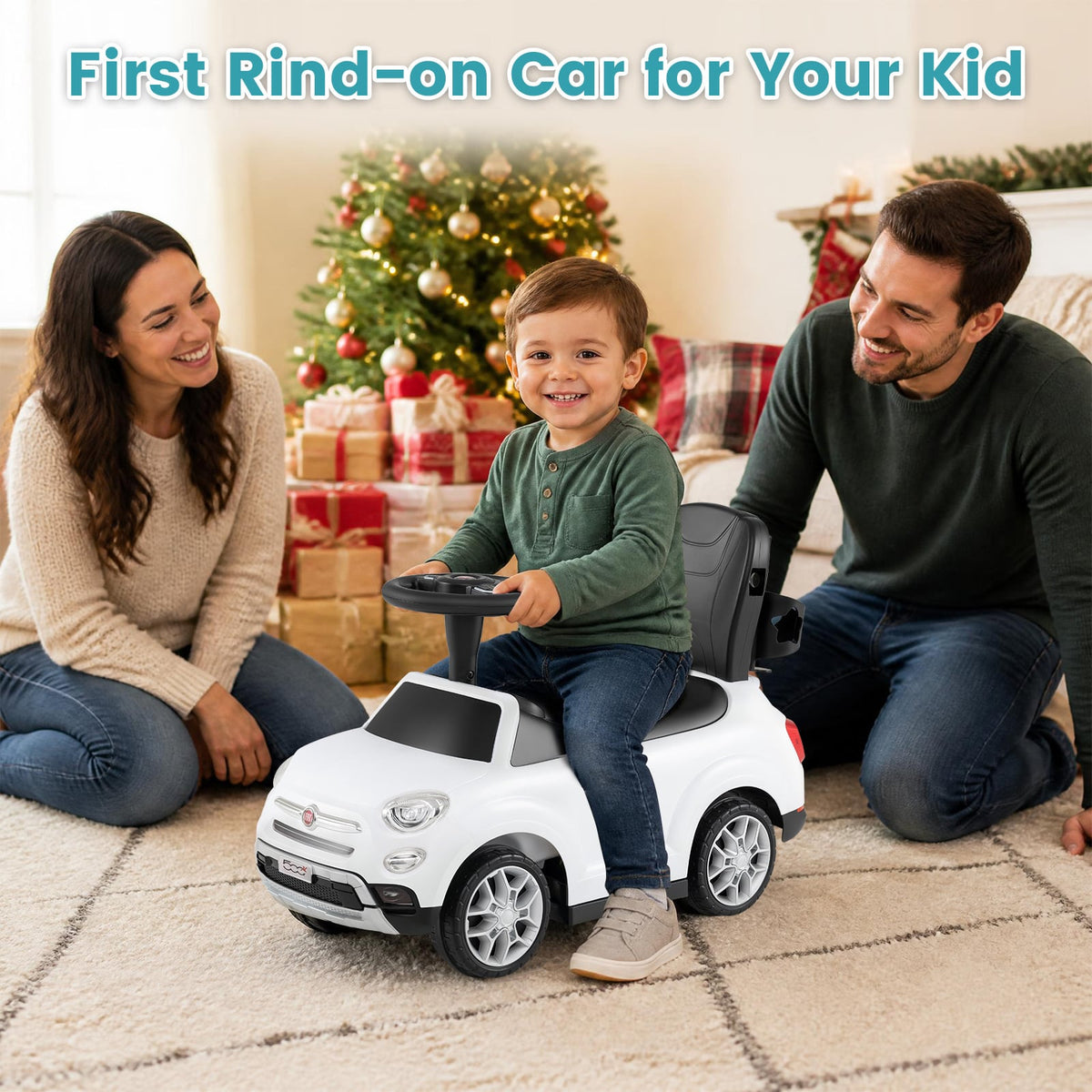The push car being played with by a child in a living room with Christmas decor