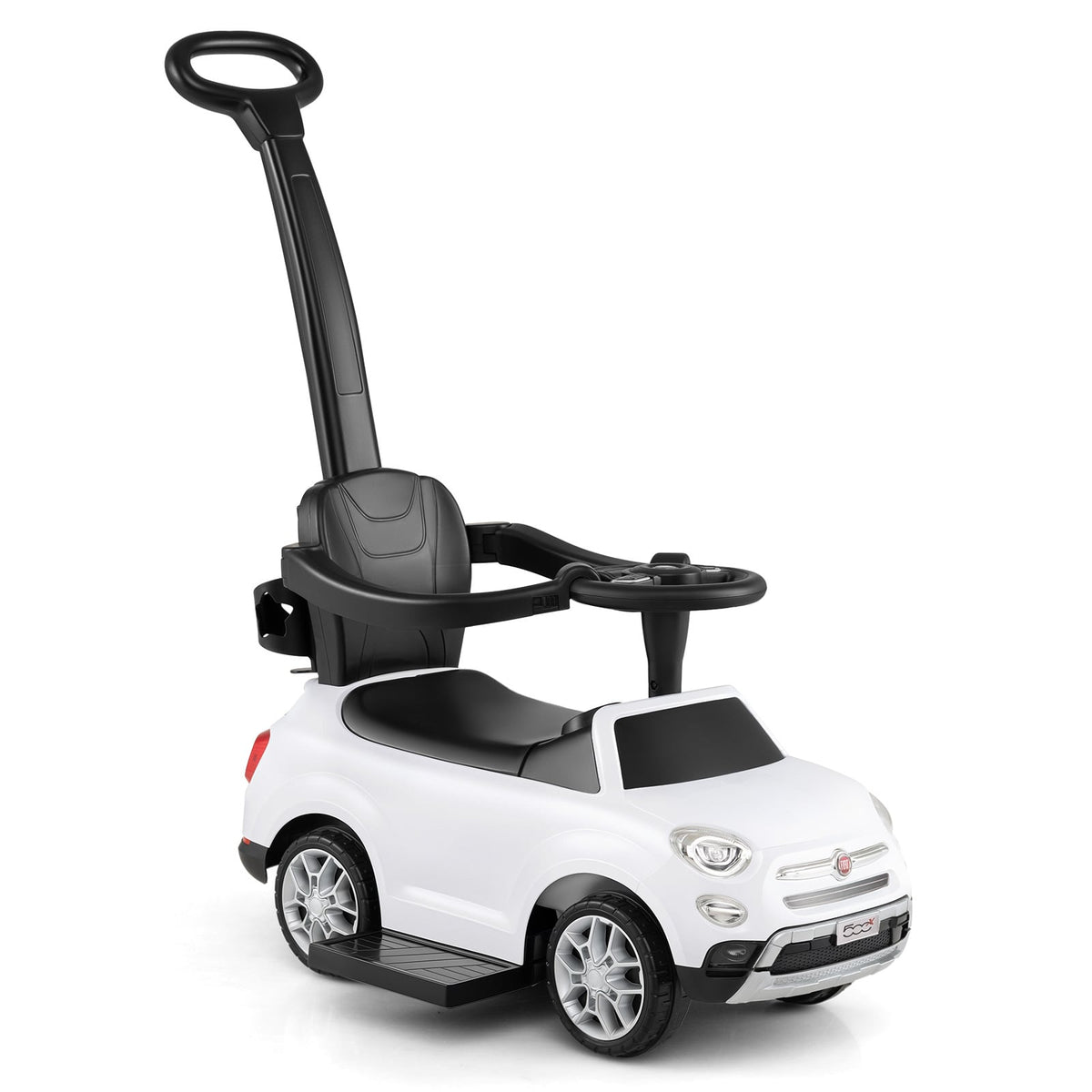 Licensed FIAT Ride On Car in white with a black push handle and safety guard rail