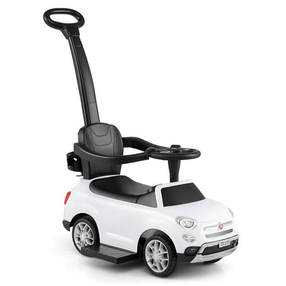 Licensed FIAT Ride On Car in white with a black push handle and safety guard rail