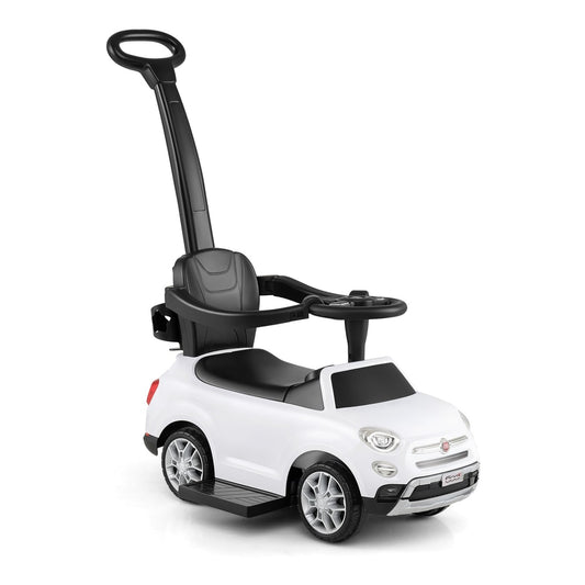 Licensed FIAT Ride On Car in white with a black push handle and safety guard rail