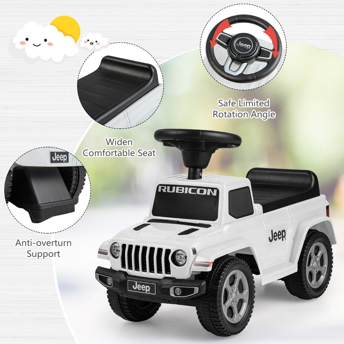 Close up of the white ride on push car showing the seat and steering wheel features
