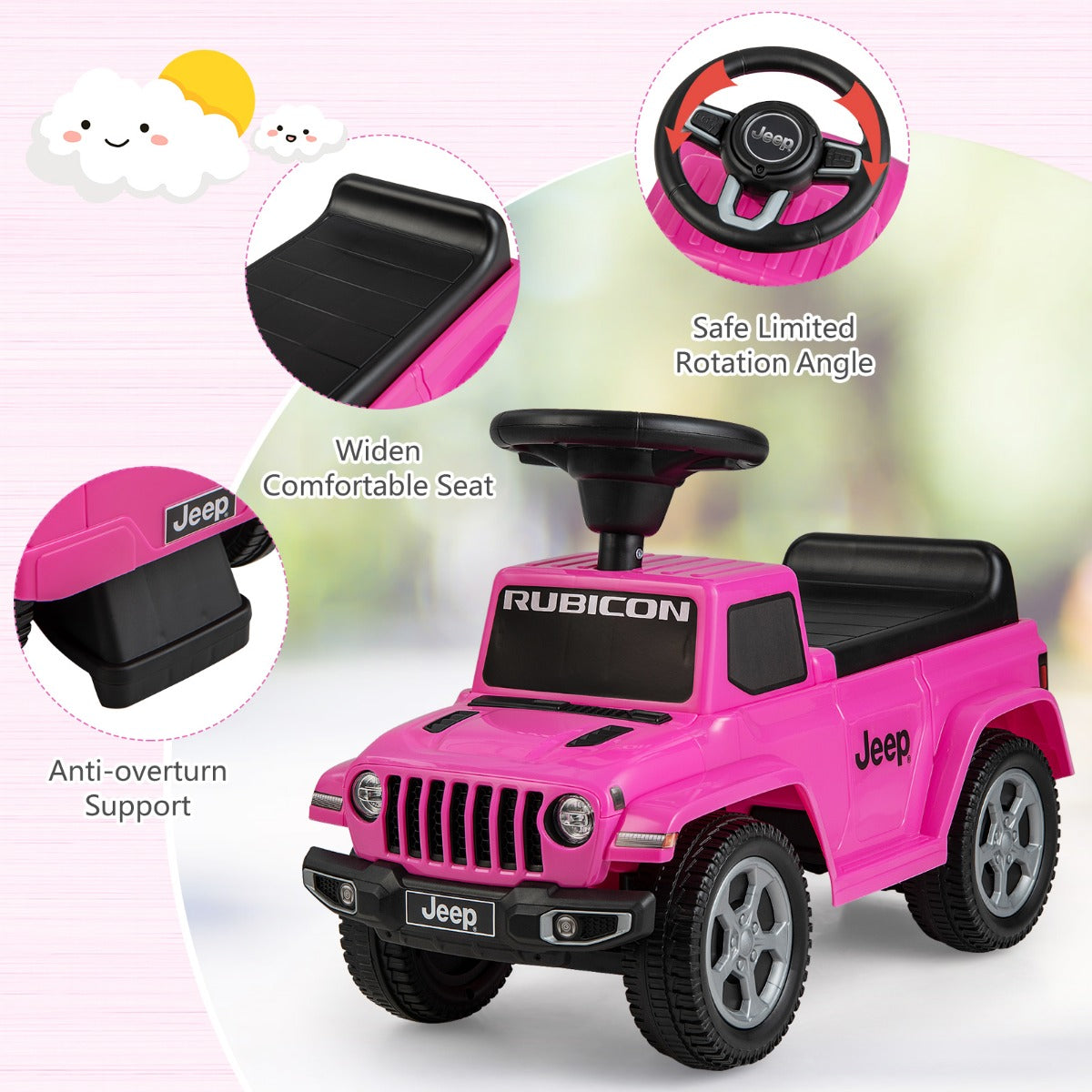Close up of the pink ride on push car showing seat and anti-overturn support