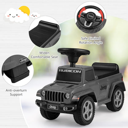 Close up of the grey Jeep ride on push car seat and steering wheel
