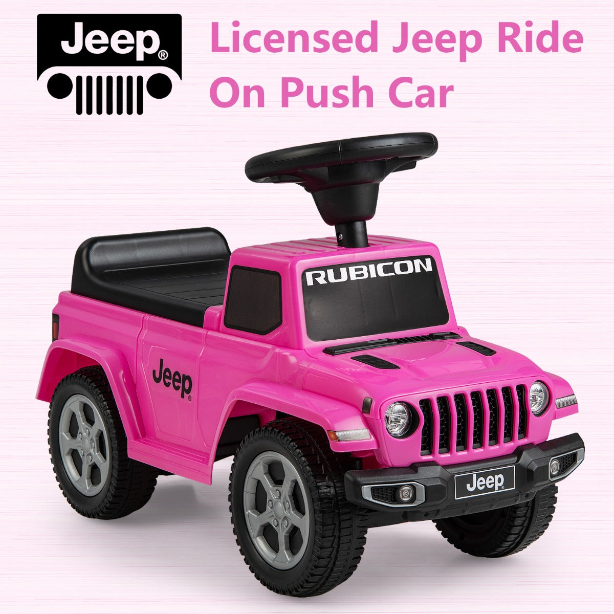 The pink ride on push car from the front with Jeep branding